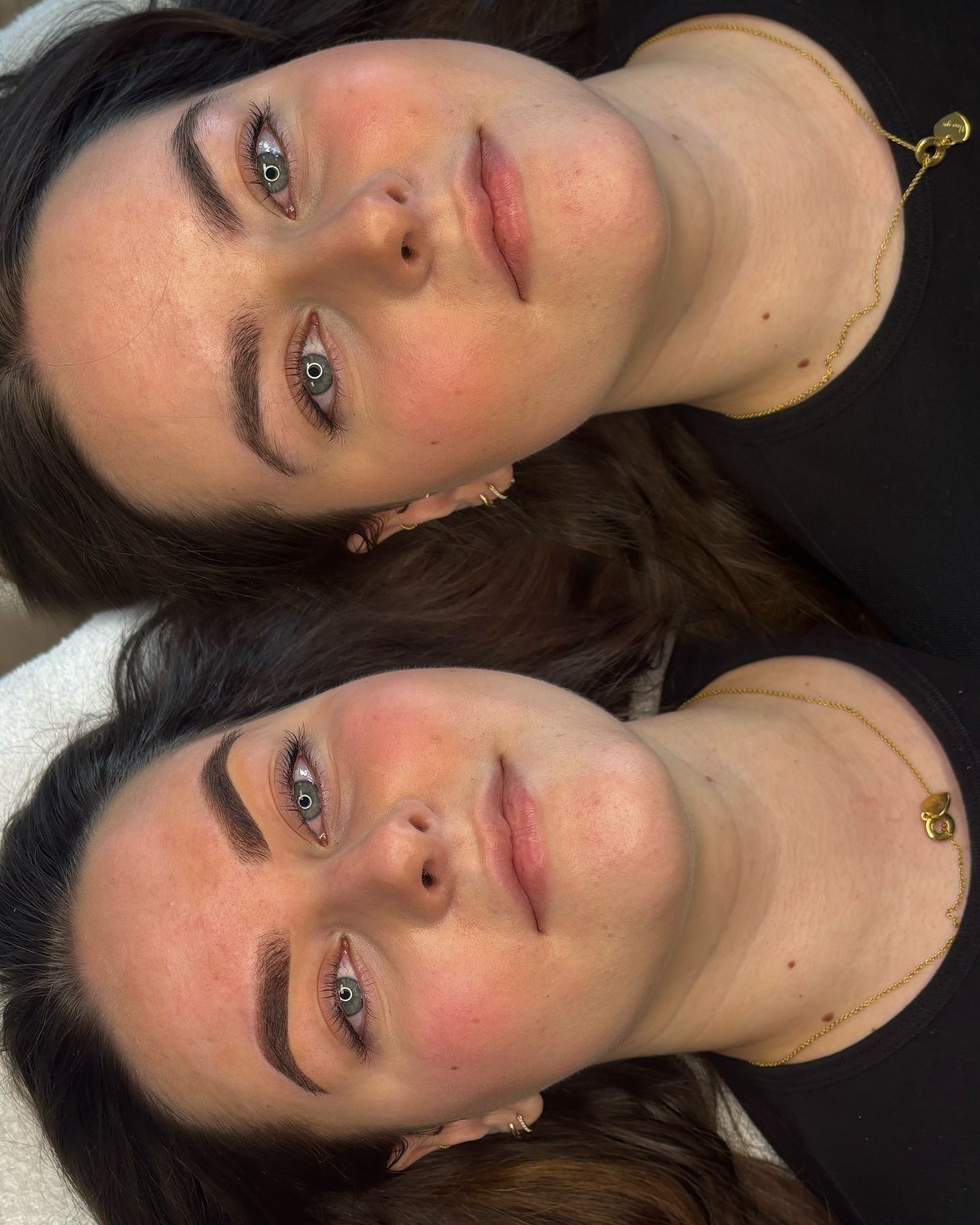 Wenkbrauwen voor en na, twee foto's onder elkaar